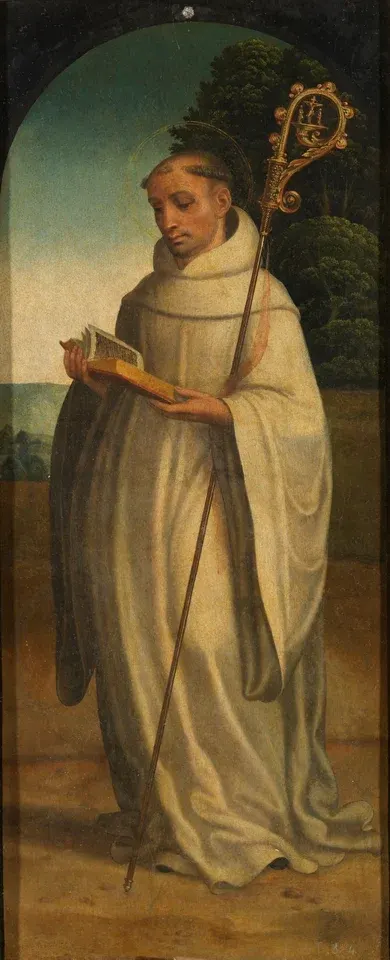 Bernard of Clairvaux: painting of an abbot in a white habit holding a book and staff