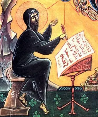 Ephrem the Syrian: icon of a monk seated beside an open book