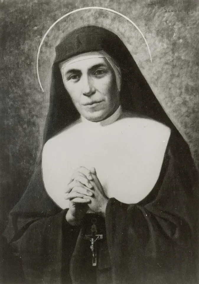 Maria Domenica Mazzarello: black-and-white portrait of a nun with hands joined in prayer