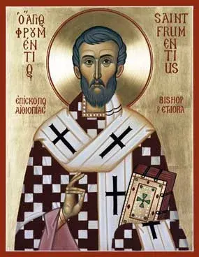 Frumentius: icon of a bishop in cross-patterned vestments holding a book