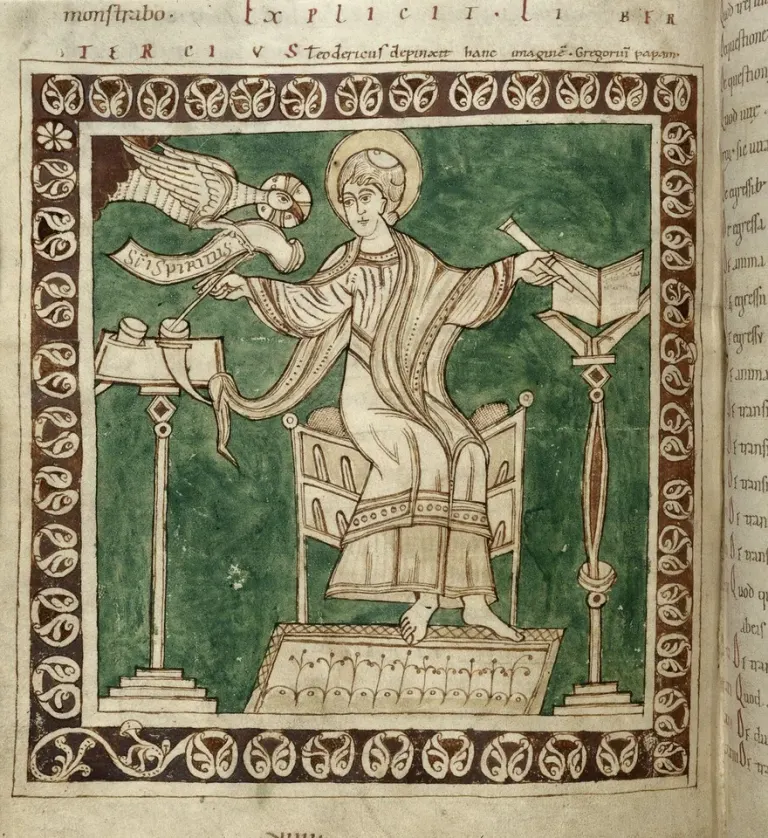 Gregory the Great: manuscript drawing of a seated pope with a dove near his head