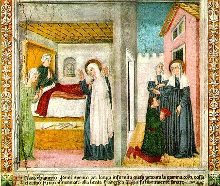 Frances of Rome: fresco with a woman praying and several narrative scenes