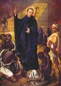 Peter Claver: painting of a priest preaching to a gathered crowd