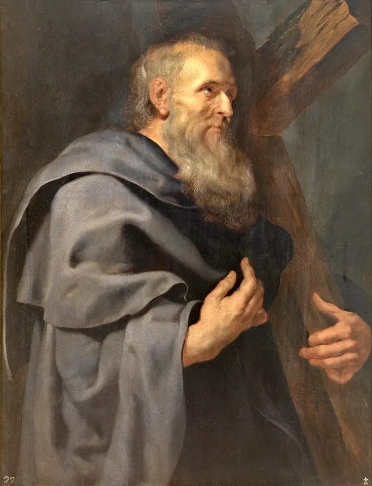 Philip the Apostle: painting of a bearded apostle in a grey cloak beside a cross