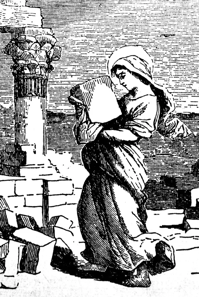 Euphrasia of Constantinople: engraving of a veiled woman kneeling among stones