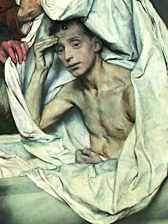 Lazarus of Bethany: painted detail of a man emerging from white burial cloths