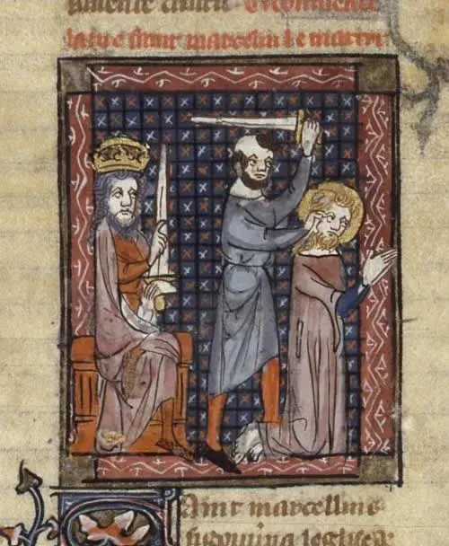 Marcellinus, Pope: manuscript scene of a seated ruler with clerics