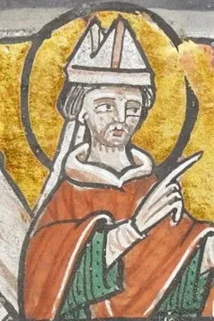 Thomas Becket: manuscript drawing of a bishop with a halo