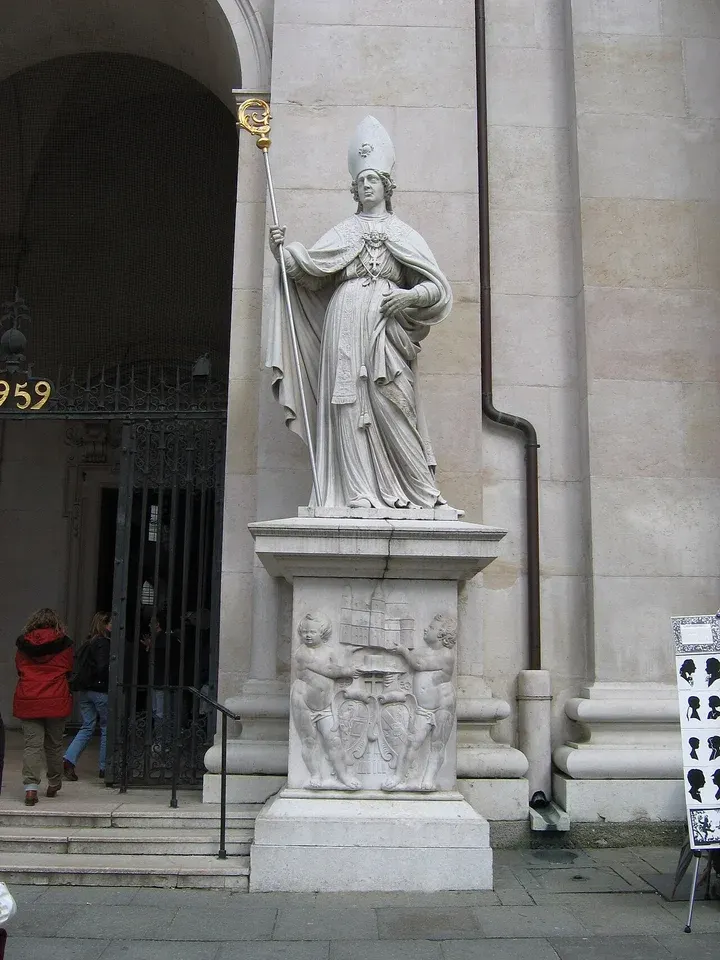 Virgil of Salzburg: stone statue of a bishop on a tall pedestal