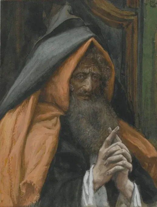 Joseph of Arimathea: painting of an elderly bearded man beneath a yellow-brown hood