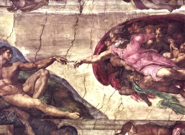 Adam: fresco of Adam reclining and reaching toward God's outstretched hand