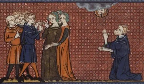 Pelagia the Penitent: manuscript scene of a woman approaching a group of men, with a kneeling monk nearby