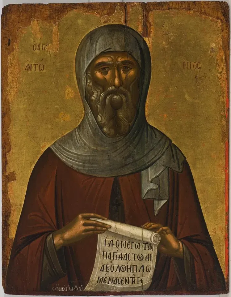 Anthony the Great: icon of an elderly monk holding an open scroll