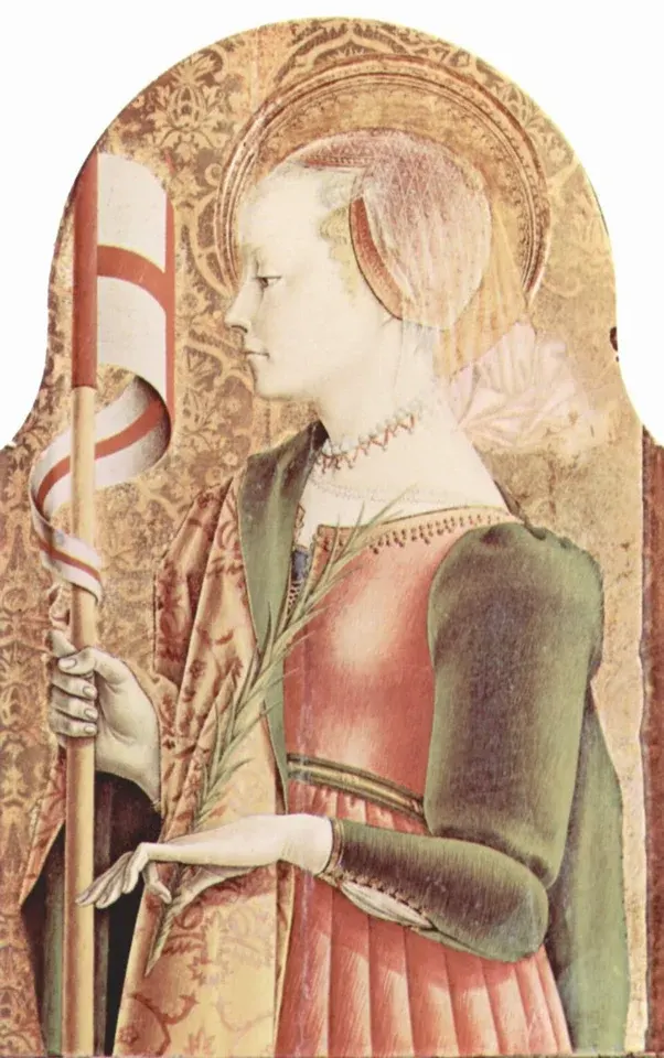 Ursula: painting of a young haloed woman holding a banner