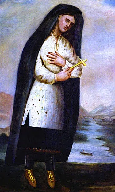 Kateri Tekakwitha: painting of a woman holding a crucifix beside a river