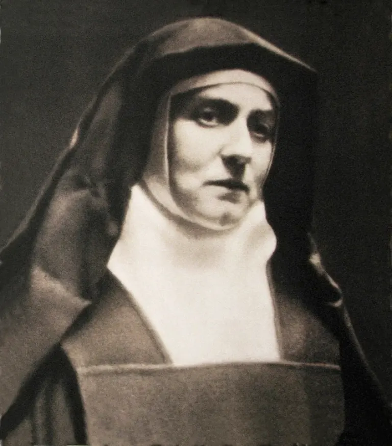 Teresa Benedicta of the Cross (Edith Stein): black-and-white photograph of a Carmelite nun holding a book