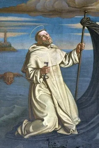 Raymond of Peñafort: painting of a friar standing on a cloak spread over the sea