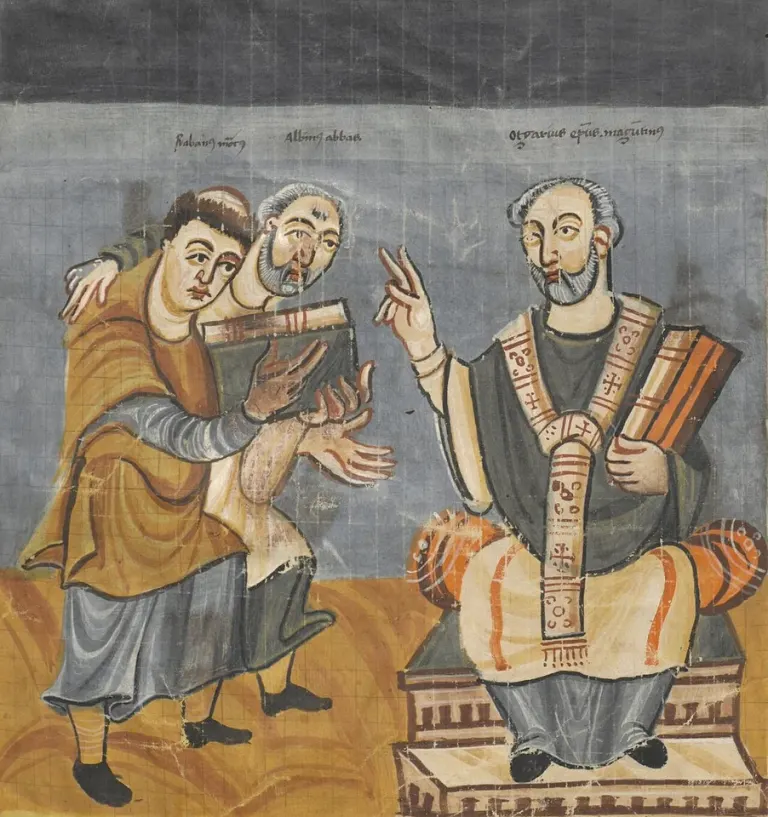 Rabanus Maurus: manuscript illustration of seated clergy holding books