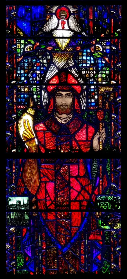 Finbar of Cork: stained-glass bishop in red vestments