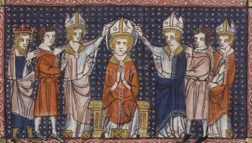 Hilary of Poitiers: manuscript scene of a bishop surrounded by clerics
