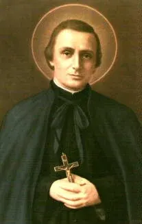 Peter Chanel: portrait of a haloed priest holding a crucifix