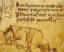 Dunstan: manuscript drawing of a kneeling monk beneath handwritten text