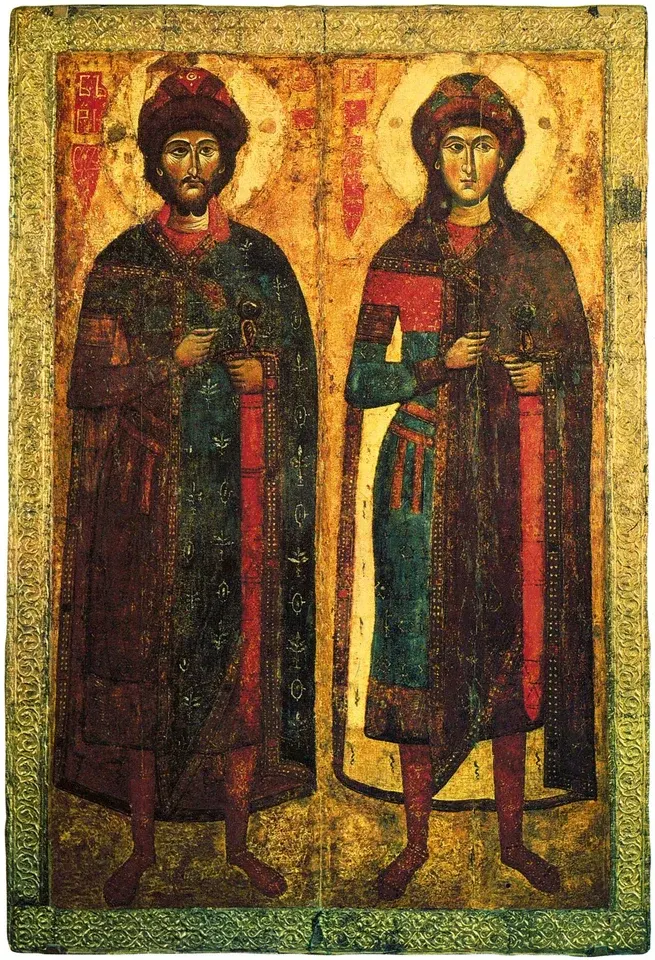 Gleb: icon of two haloed men in richly patterned robes