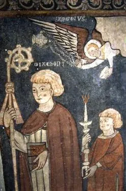 Fructuosus of Tarragona: fresco of a bishop with a smaller figure and an angel above