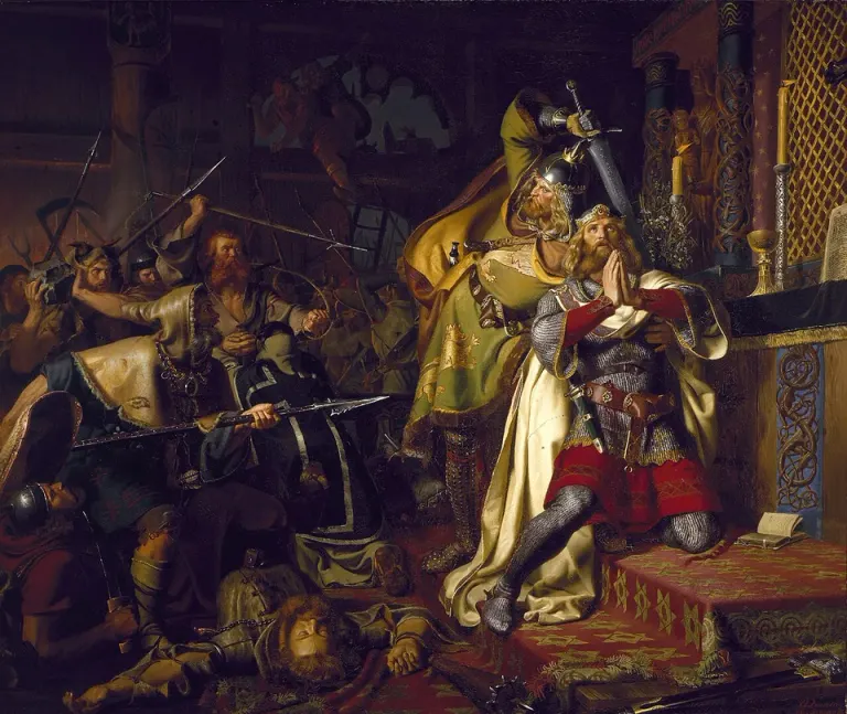 Canute IV of Denmark: painting of an armed confrontation inside a church