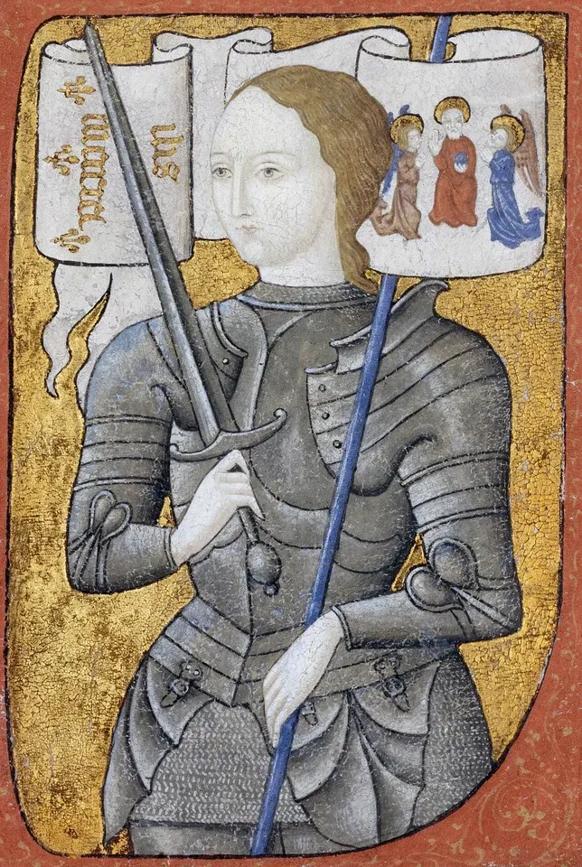 Joan of Arc: manuscript illustration of an armored woman holding a sword and banner