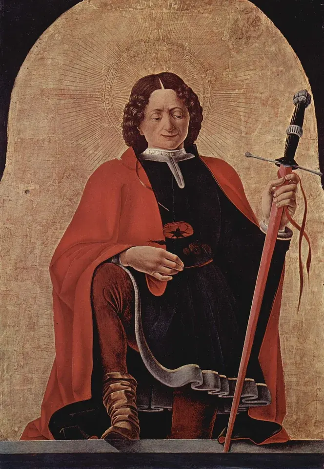 Florian: painting of an armored man in a red cloak holding a banner