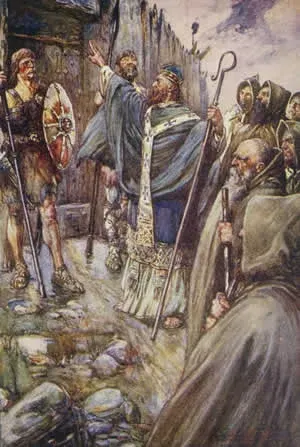 Columba of Iona: painting of a bishop addressing a gathering beside a stone cross