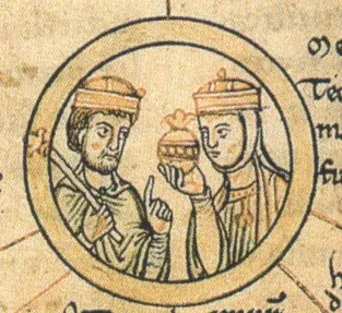 Matilda of Ringelheim: circular manuscript drawing of two crowned figures