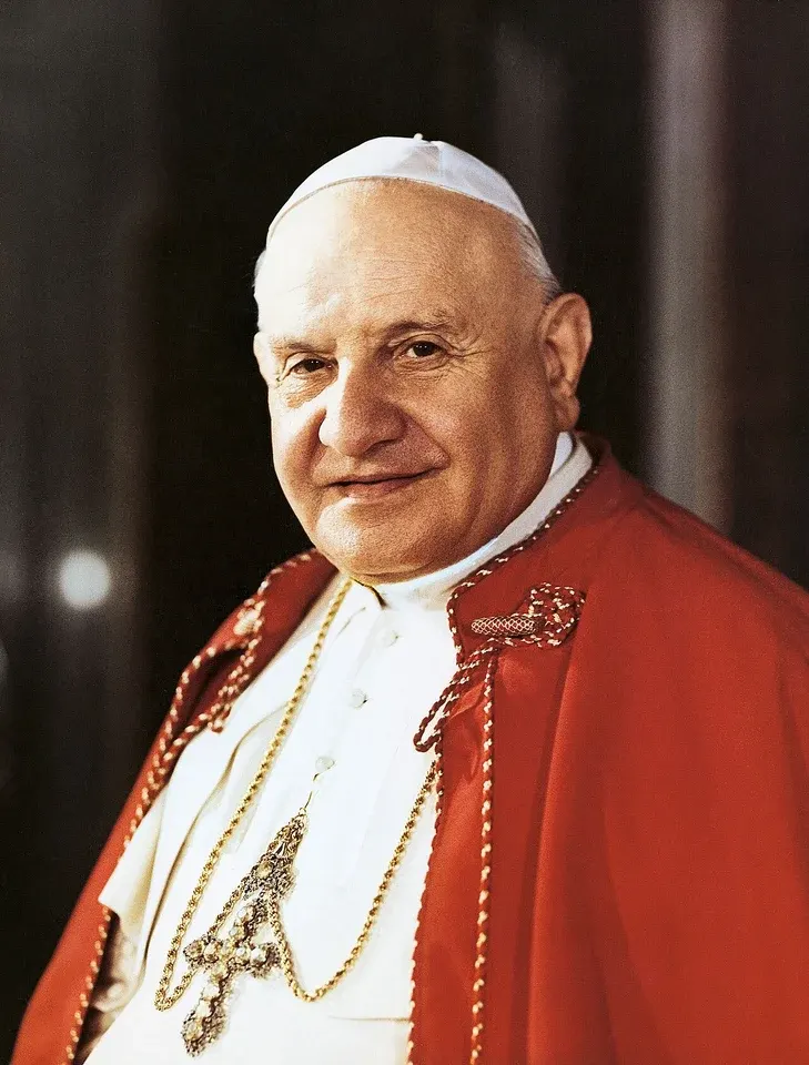 John XXIII: color photograph of Pope John XXIII in white and red papal robes