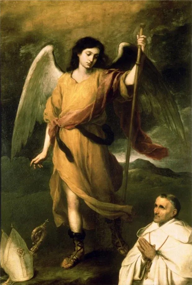 Raphael the Archangel: painting of a winged angel standing beside a kneeling man