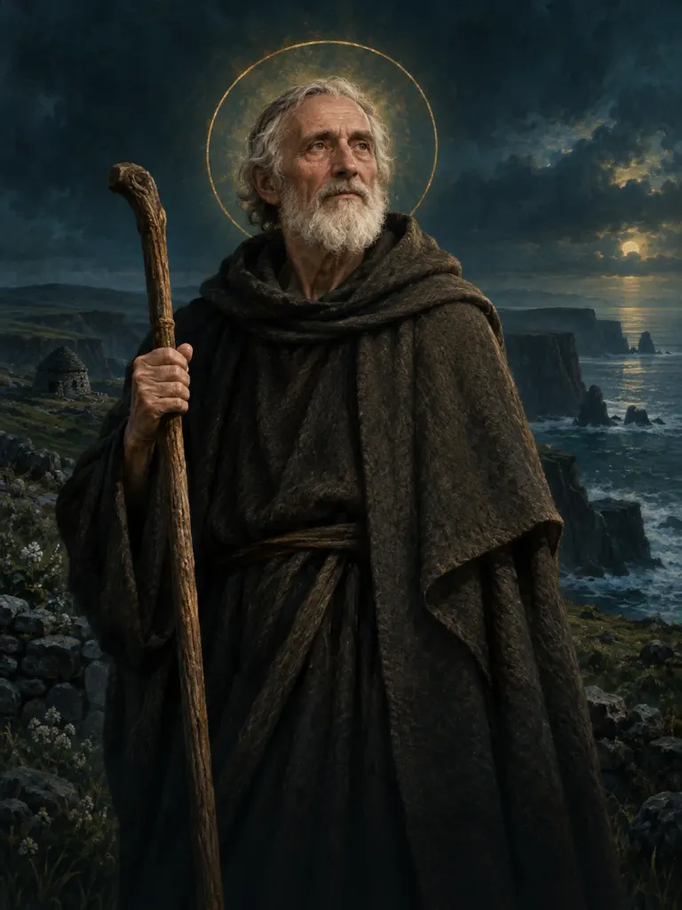 AI-generated illustration of Enda of Aran; imagined likeness, not a historical portrait