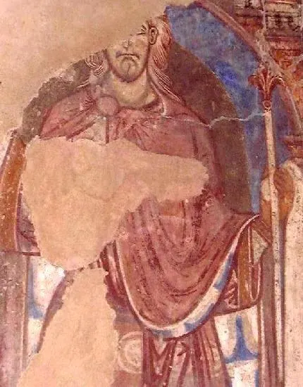 Oswald of Northumbria: faded fresco of a crowned figure