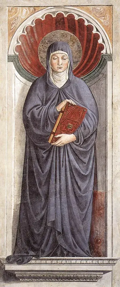 Monica: fresco of a haloed woman holding a red book