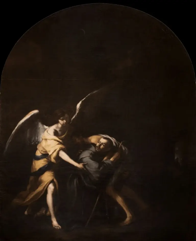 John of God: painting of a man being helped by a winged angel in a dark setting
