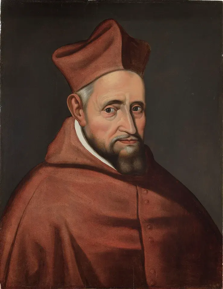 Robert Bellarmine: painting of a bearded cardinal in red robes and cap