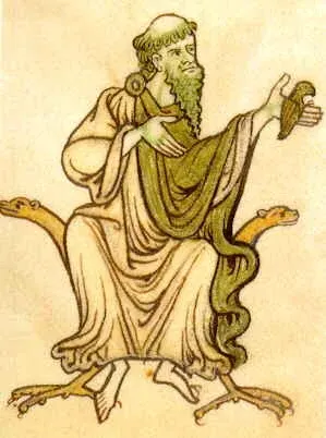 Kevin of Glendalough: manuscript drawing of a seated monk extending one hand