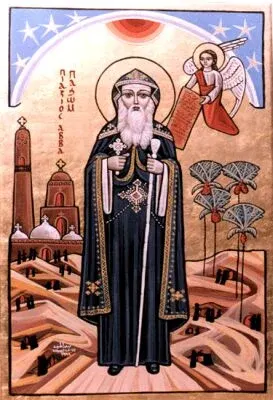 Pachomius the Great: icon of a monk holding a staff, with monastery buildings behind him