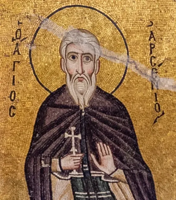 Arsenius the Great: mosaic of an elderly monk holding a cross and raising one hand
