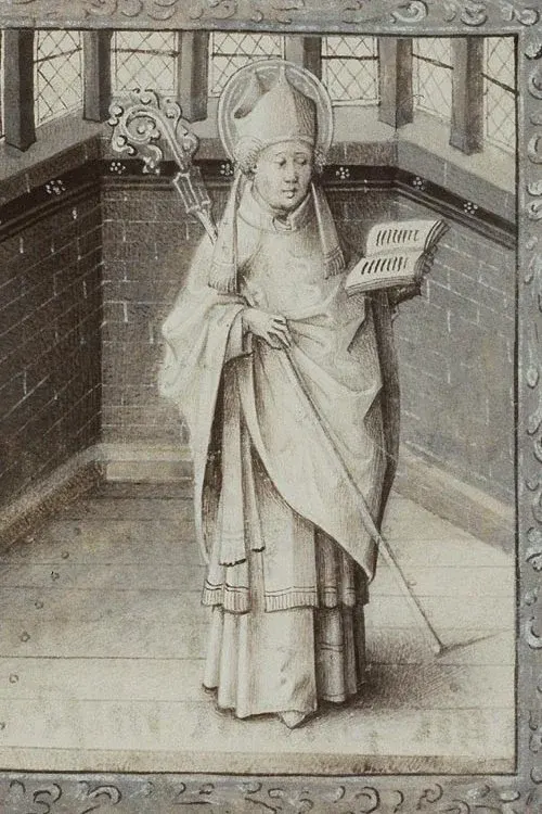 Germanus of Paris: monochrome photograph of a bishop statue holding a staff and book