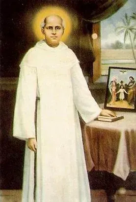 Kuriakose Elias Chavara: devotional portrait of a priest in a white robe beside a religious painting