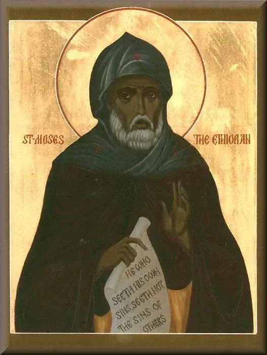 Moses the Ethiopian: icon of a dark-robed monk holding a written scroll