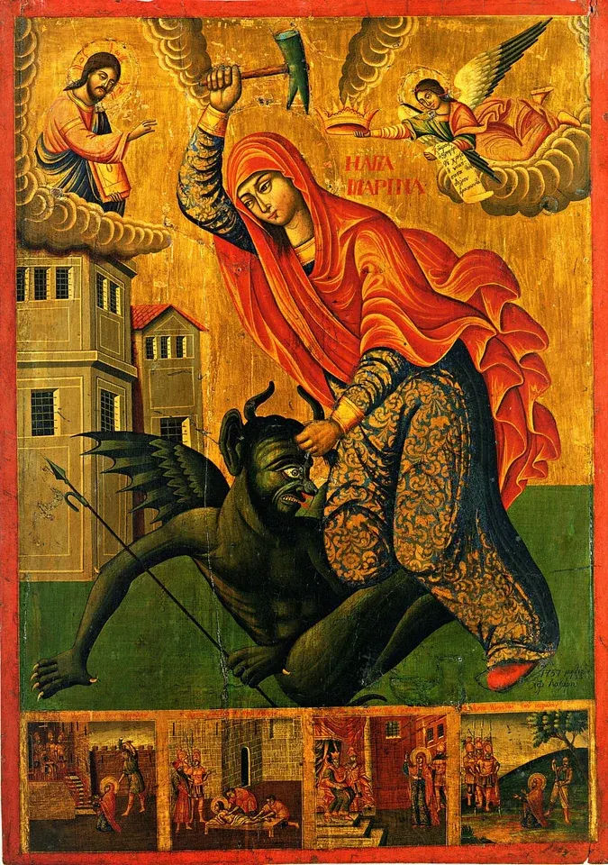 Margaret of Antioch: icon of a veiled woman standing over a dragon