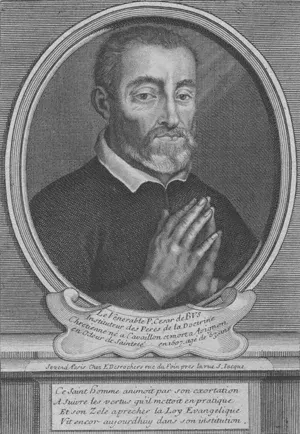 César de Bus: engraved oval portrait of a bearded cleric praying