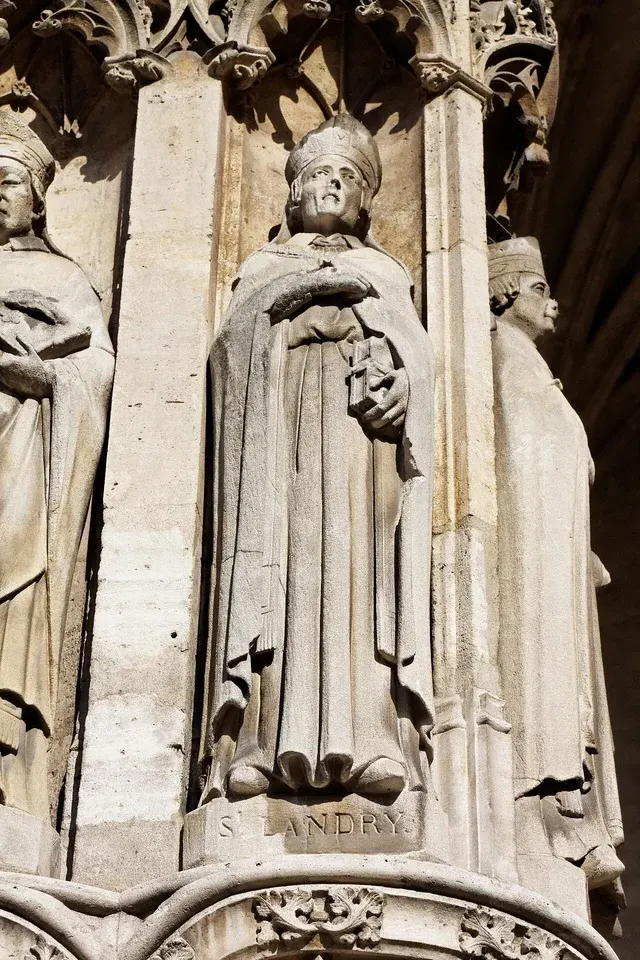 Landry of Paris: stone statue of a bishop on a church exterior
