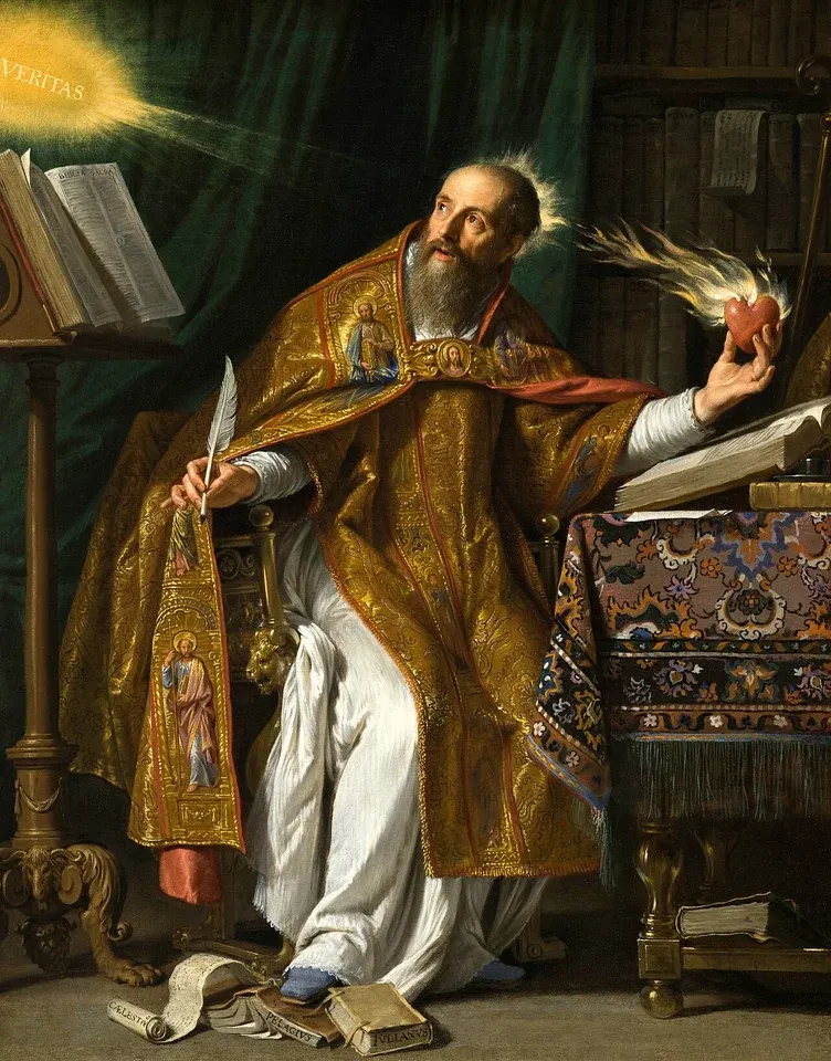 Augustine of Hippo: painting of a seated bishop writing at a desk and looking upward